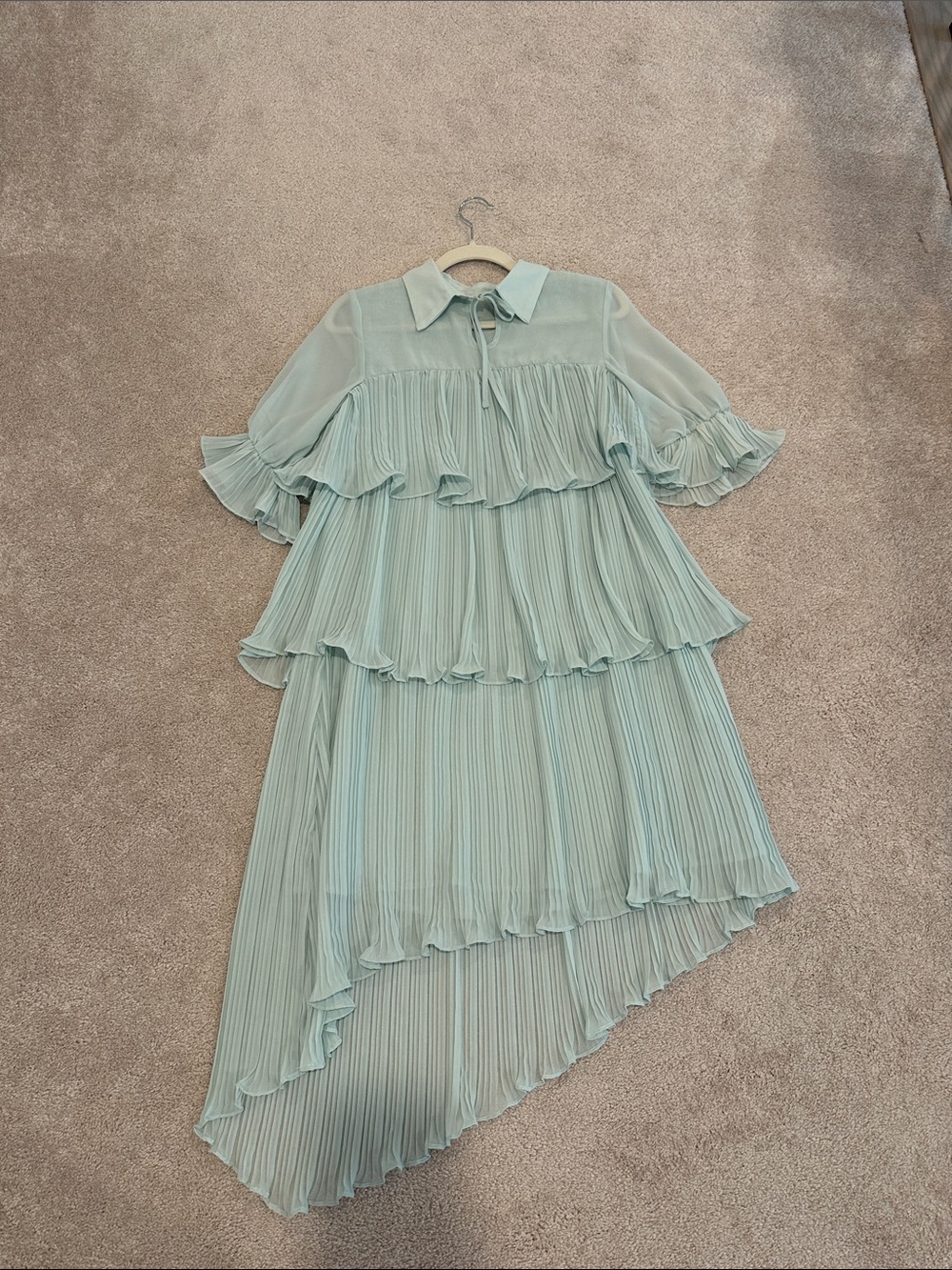 Pleated Tiered Ruffle Midi Dress in Pale Mint